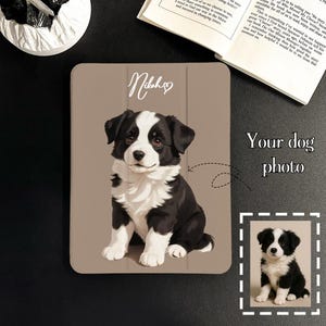 May include: A tablet case featuring a black and white Border Collie dog illustration. The case has a tan background with the name "Nilah" in cursive and the text "Your dog photo". A smaller image of the dog is in the bottom right.