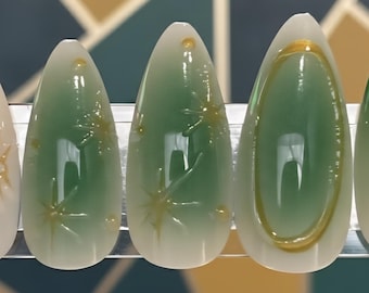 Ongles célestes verts et dorés | Ongles Aura de jade mystique | Ensemble de manucure de luxe à pression