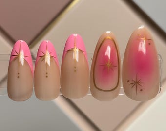 Ongles à presser célestes - pointe française rose vif, ongle amande étoile dorée