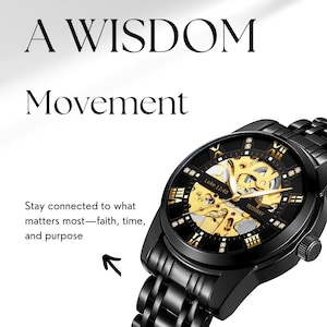 May include: A black and gold automatic wristwatch with a skeleton dial and a black metal band. The watch face features Roman numeral hour markers and a small seconds dial. The watch has a clear case back that reveals the intricate inner workings of the movement. The watch is inscribed with the text "Luke 12:40" and "YEOVANY".