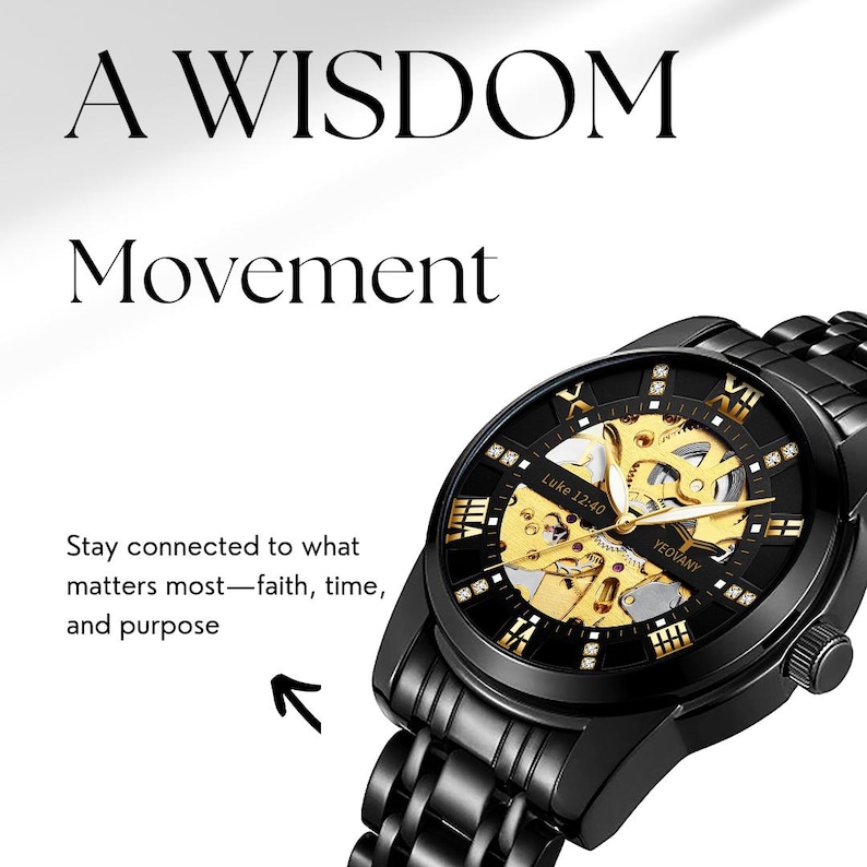 May include: A black and gold automatic wristwatch with a skeleton dial and a black metal band. The watch face features Roman numeral hour markers and a small seconds dial. The watch has a clear case back that reveals the intricate inner workings of the movement. The watch is inscribed with the text "Luke 12:40" and "YEOVANY".