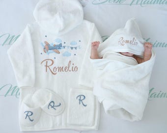 Personalized Baby Bathrobe Set: Organic Cotton, Plane Embroidery
