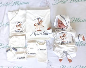 Personalized Carousel Embroidered Baby Set: Organic Cotton Newborn Gift