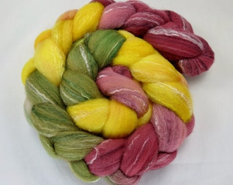 Hand Dyed Targhee/Bamboo/Tussah Silk Top 4 oz - Brigid - Spinning - Felting - Roving - Top