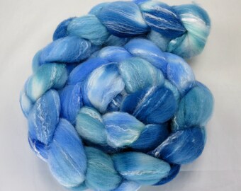 Hand Dyed Targhee/Bamboo/Tussah Silk Top 4 oz - Lagoon - Spinning - Felting - Roving - Top