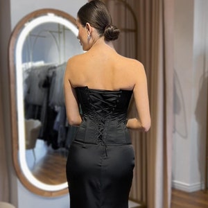 Elegant Black Satin Corset Dress: Two-Piece Prom or Wedding Guest Outfit