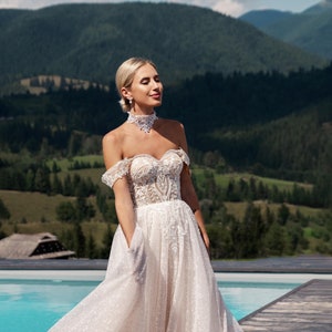 Sparkling A-Line Wedding Dress: Off-Shoulder Lace Corset Gown