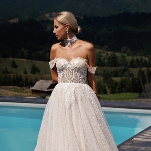 Off the Shoulder Wedding Dress, A-Line Wedding Dress, Open Shoulder Lace Gown with Train, Lace Corset Wedding Dress, Plus Size Wedding