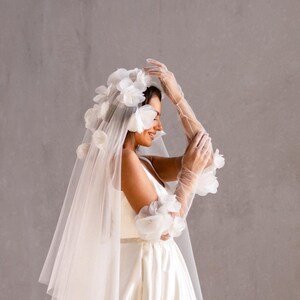 3D Flower Bridal Gloves: Sheer Ivory Wedding Gloves