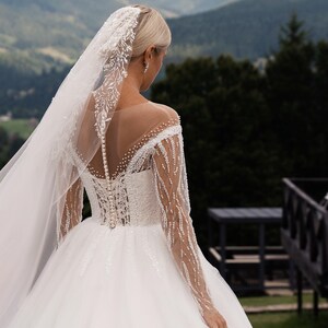 Corset Weding Dress with Long Sleeves, Princess Wedding Dress, A-Line Wedding Ball Gown, Beaded Dress with Sheer Sleeves, Fairytale Wedding