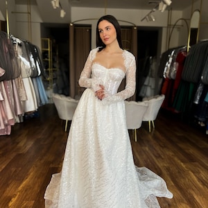 Princess Gown with Sequined Lace and Elegant Bolero, Corset Dress, Lace Bridal Dress, Corset Lace Dress, Train Bridal Dress, Gorgeous Dress