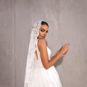 Cathedral Length Ivory Veil, Lace and Pearl-Embroidered Tulle Wedding Veil, Ivory Lace Trim Wedding Veil, Romantic Veil, Embroidered Veil