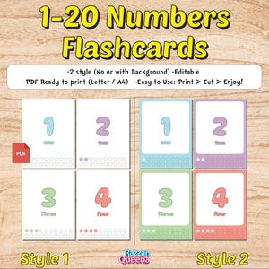 1-20 Numbers Flashcards, 20 Printable montessori toys for Preschool / Toodler / students.  Number cards set PDF