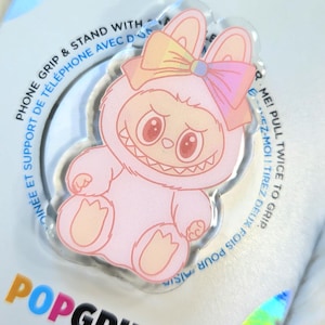 Cute Bunny Monster PopSocket Pink Glitter PopGrip with Bow, Kawaii Phone Grip & Stand, Swappable PopTop, Gift for Teens Y2K Aesthetic labubu