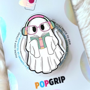 Cute Ghost PopSocket | Book Lover Ghost Phone Grip | Spooky Cute Aesthetic Phone Stand | Halloween Ghost PopGrip | Reading Ghost Gift