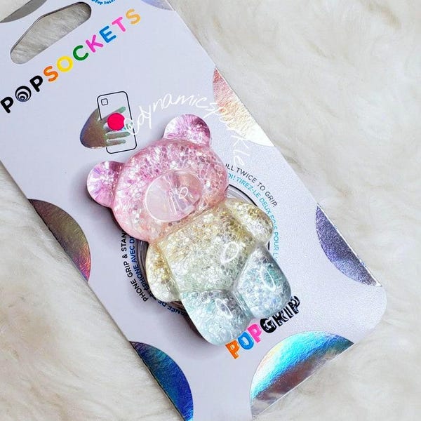 Glitter Bear PopSocket Grip: Kawaii Pastel Rainbow Phone Stand