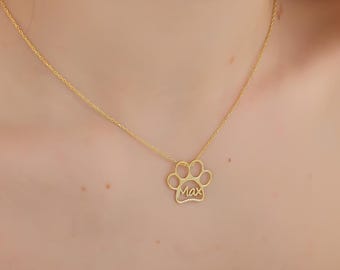 Custom Paw Name Necklace, Pet Print Cutout Pendant, Personalised Dog Mum Gift, Engraved Pet Memorial Jewellery, Dainty Cat Lover Charm