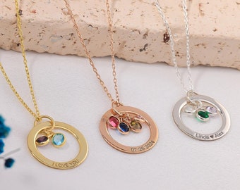 Personalized Silver Circle Necklace with Birthstone, Circle Necklace, Family Birthstone Necklace, Message Engraved Custom Necklace for Women