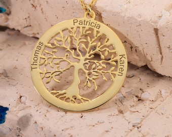 Engraved Names Family Tree Necklace, Family Tree Name Necklace, Personalized Tree of Life Necklace, Family Jewelry, Mother's Day Jewelry
