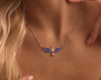 Rising Phoenix Necklace, Blue CZ Bird Pendant, Rebirth and Strength Symbol Jewelry, New Beginnings Gift for Her, Dainty Gold Charm