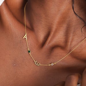 Personalized Sideways Initial Birthstone Necklace,Birthday Gift For Her,Sideways Initial Birthstone Necklace,Dainty Gemstone Letter Necklace