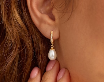 Teardrop Pearl Earrings, Dangling Pearl Earrings, Gold Huggie Earrings, Wedding Pearl Earrings, Classic Bridal Accessories, Bridal Jewelry