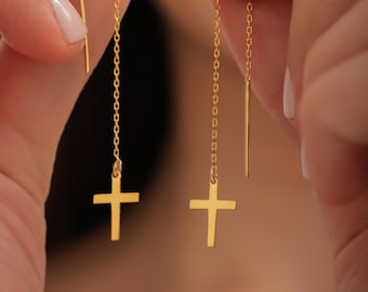 Gold Dangle Chain Cross Earring,Cross Threader Earrings,Cross Jewelry,Trendy Religious Jewelry,Mother's Day Gift,Christian Gift,Gift for Her