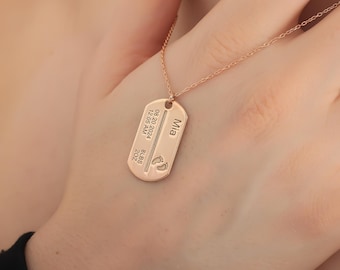 Custom Birth Stats Baby Dog Tag Necklace, Personalised Footprint Pendant, New Mum Push Present, Engraved Date Weight Time Charm,Gift for Her