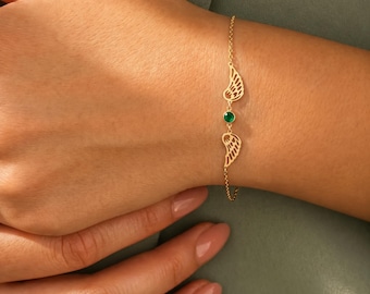 Angel Wing Birthstone Bracelet, 925 Silver Guardian Angel Charm, Protection Jewelry, Memorial Remembrance Gift, Birthday Gift for Sister