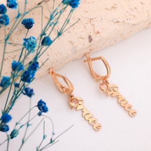 Custom Name Earrings With Birthstone, Personalized Name Earrings, Vertical Name Earrings,Dainty Birthstone Earrings for Women, Birthday Gift