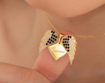 Personalized Angel Wings Necklace with Engraved Name Gold Heart Necklace Custom Name Necklace Guardian Angel Necklace Gold Pendant Necklace