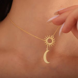 Sun and Moon Lariat Necklace, Celestial Jewelry, Crescent Moon Necklace, Sterling Silver Sun Pendant, Gold Sun Necklace, Gift for Women