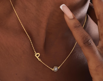Evil Eye Sideway Letter Necklace, Evil Eye Choker, Gold Eye Pendant, Custom Letter Necklace, Lucky Evil Eye Necklace, Mother&#39;s Day Gift