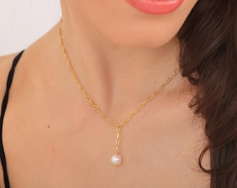 Paperclip Chain Pearl Drop Necklace, Gold Lariat Pendant, Silver Link Chain Pearl Pendant, Elegant Wedding Jewelry, Birthday Gift for Mom