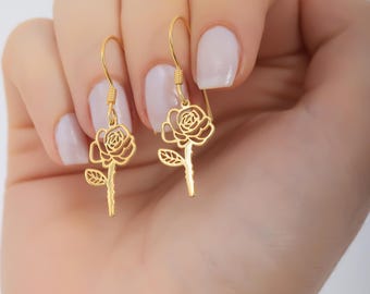 Handcrafted Dangle Birth Flower Earrings, Personalized Gold Floral Jewelry, Dainty Birth Flower Earrings,Gold Birthday Month Flower Earrings