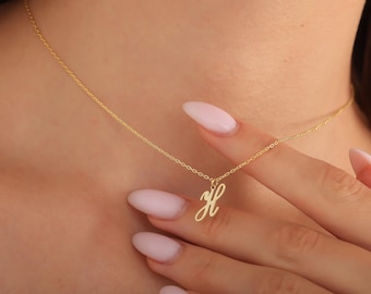 Cursive Gold Letter Necklace, Silver Initial Jewelry, Minimalist Letter Necklace, Tiny Letter Necklace, Custom Letter Necklace,Gift for Wife