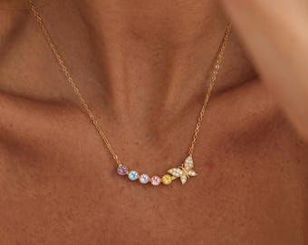 Butterfly Family Birthstone Necklace, Custom Multiple Gemstone Charm, 925 Silver Personalized Gift for Mom, Dainty Gold Nanny Gemstone Charm