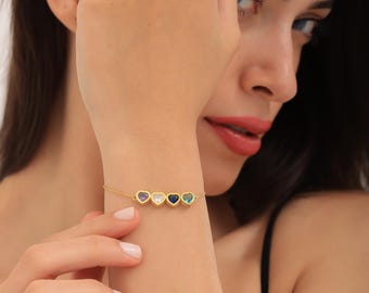 Heart Birthstone Bracelet, Family Gemstone Jewellery, Custom Mum Bracelet with Kids Stones, Mothers Day Gift, Dainty Gold Nanny Charm