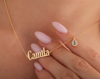 Minimalist Name Necklace with Small Stone Drop, Custom Name Jewelry, Personalized Birthstone Necklace, Necklace for Women, Mothers Day Gift