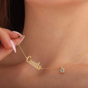 Minimalist Name Necklace with Small Stone Drop, Custom Name Jewelry, Personalized Birthstone Necklace, Necklace for Women, Mothers Day Gift