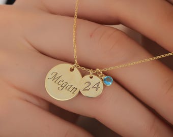 Custom Name Necklace with Birthstone, Personalized Disc Name Necklace, Lucky Number Necklace, Tiny Disc Necklace, Engraved Initial Necklace