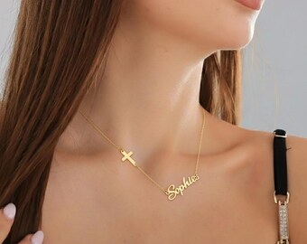 Custom Gold Name Necklace, Sideways Cross Necklace, Dainty Name Cross Pendant, Minimalist Nameplate Necklace, Dainty Name Pendant Necklace
