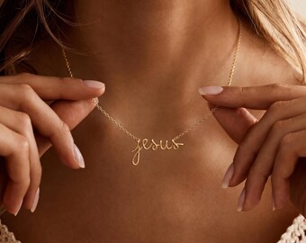 Gold Cursive Jesus Nameplate Necklace, Dainty Christian Pendant, Script Faith Jewelry, Baptism Gift for Women, Confirmation Pendant