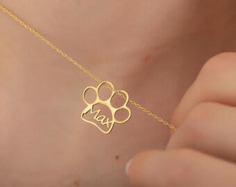 Custom Paw Name Necklace, Pet Print Cutout Pendant, Personalized Dog Mom Gift, Engraved Pet Memorial Jewelry, Dainty Cat Lover Charm