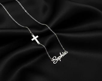 Custom Gold Name Necklace, Sideways Cross Necklace, Dainty Name Cross Pendant, Minimalist Nameplate Necklace, Dainty Name Pendant Necklace