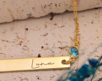Custom Engraved Bar and Birthstone Bracelet, Custom Name Bracelet, Engraved Bar Bracelet With Birthstone, Nameplate Bracelet, Gift for Women