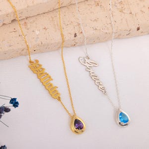 Handmade Alexandrite Birthstone Necklace, Dainty Gold Name and Birthstone Necklace,Personalized Name Necklace with Birthstone, Mother Gifts