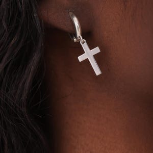 Handmade Silver Dangle Cross Earrings, Religious Jewelry, Minimalist Cross Shaped Charm Huggie Hoop Earrings, Gold Dangle Earrings for Women