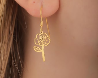 Handcrafted Dangle Birth Flower Earrings, Personalized Gold Floral Jewelry, Dainty Birth Flower Earrings,Gold Birthday Month Flower Earrings