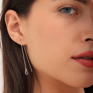 Silver Teardrop Birthstone Threader Earrings,Birthstone Drop Earrings,Minimalistic Long Thread Earrings,Elegant Dangle Earrings,Gift for Her